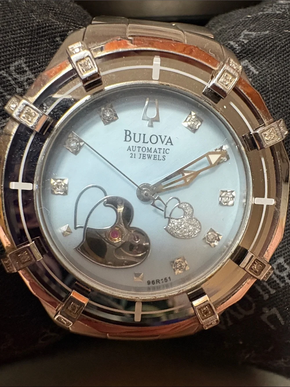 Bulova Silver Bracelet Watch with Light Blue Dial and Heart Open-Heart
